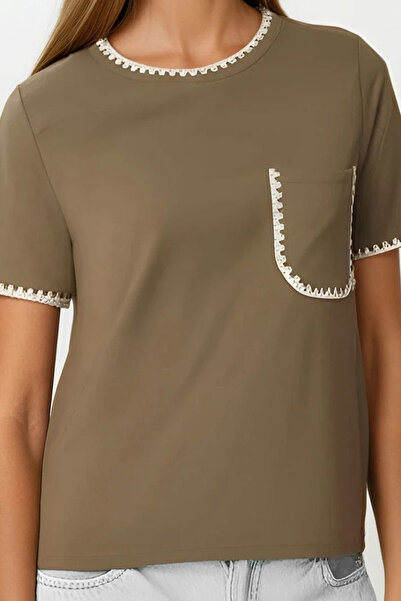 VAGGON Women's Khaki Embroidered Single Pocket T-Shirt Vs00164