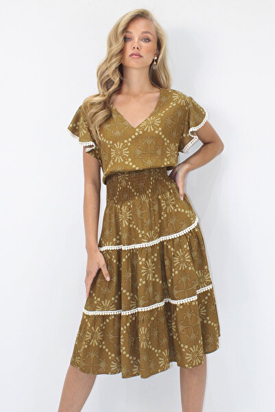 VAGGON Women's Oil Green V-Neck Ethnic Patterned Gipeli Detailed Woven Dress with Waist Detail Prmx14094