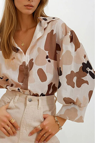 VAGGON Women's Beige Princess Ethnic Patterned Flared Linen Woven Shirt Vgn-X10398