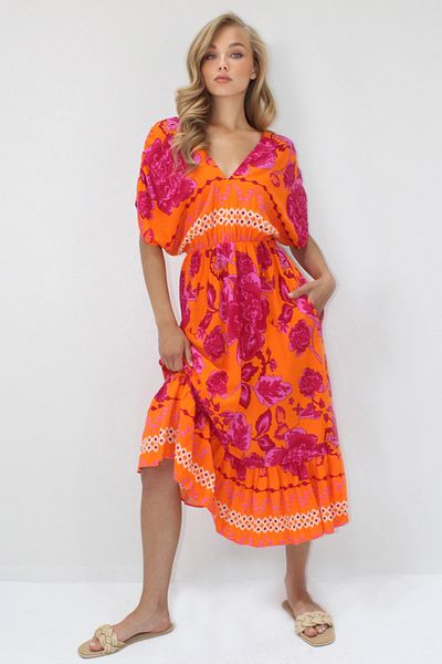 VAGGON Femei Portocaliu Fucsia FAȚĂ SPATE Gât în ​​V FUSTĂ CU MODEL ROCHIE DE VARĂȚIȚĂ PRMX14199