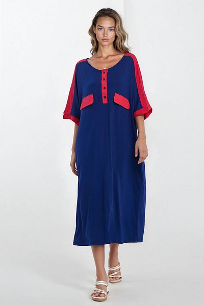 VAGGON Women's Indigo Front Button Short Sleeve Viscose Dress Vs00297