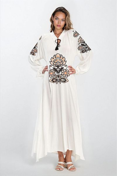 VAGGON Women's Ecru Judge Collar Lace-Up Embroidery Embroidered Plus Size Dress Vs00325