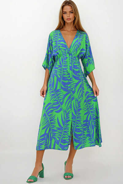 VAGGON Γυναικείο φόρεμα με διπλό γιακά πράσινο-σαξ με υφαντό βισκόζη με σχέδιο Vs00214