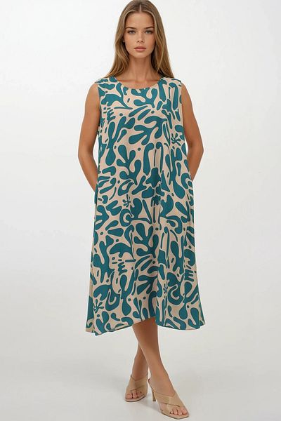 VAGGON Women's Sky Blue Patterned Double Pocket Sleeveless Relaxed Cut Dress Vs00269