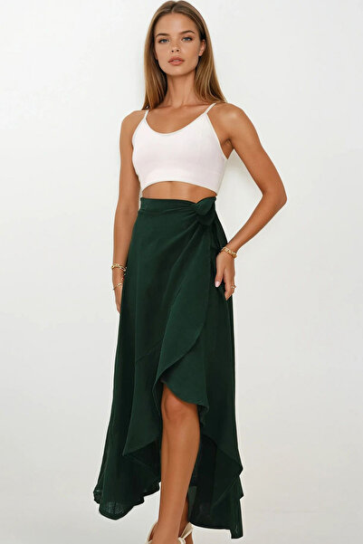 VAGGON Women's Green Asymmetrical Cut Button Closure Muslin Skirt Vs00207