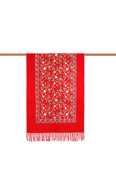 Bursa İpek Red Embroidered Winter Shawl