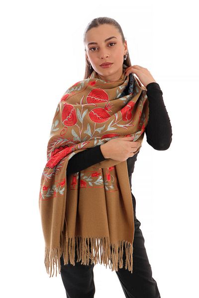 Bursa İpek Dark Mustard Embroidered Winter Shawl