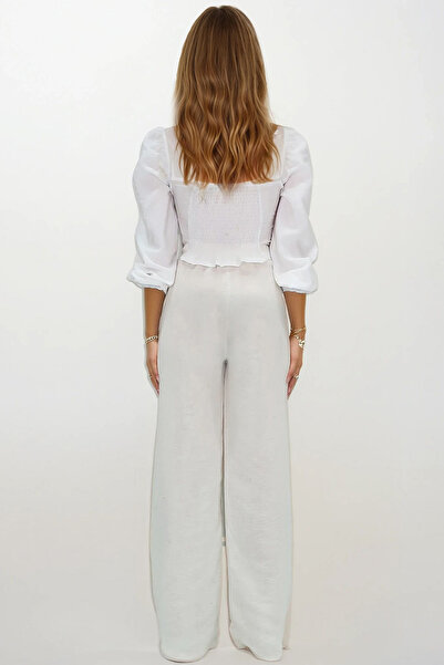 VAGGON Kadın Ekru Çift Cepli Beli Lastikli Müslin Palazzo Pantolon Vs00208