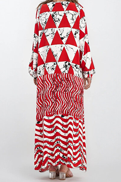 VAGGON Γυναικείο κόκκινο φόρεμα με ελαστικά μανίκια διπλή τσέπη Plus Size Vs00293