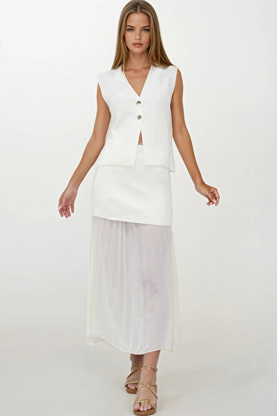 VAGGON Women's White Buttoned Vest and Pleated Design Skirt Knitwear Set Vs00260