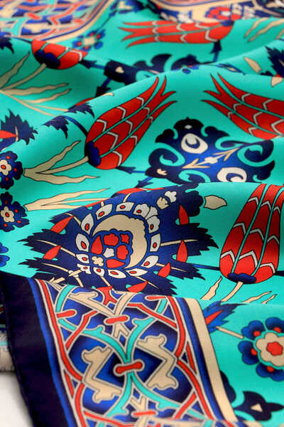 Bursa İpek Синьо-зелений шовковий шарф з візерунком тюльпанів