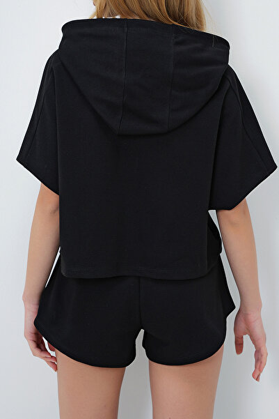 VAGGON Női fekete kapucnis pulóver és rövidnadrág szett Prmx760-001-Tk