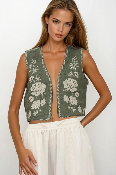VAGGON Women's Khaki Embroidery Detailed Lined Textured Crop Vest Vs00242