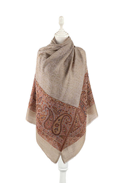 Bursa İpek Tan Wool Shawl - Border Pattern