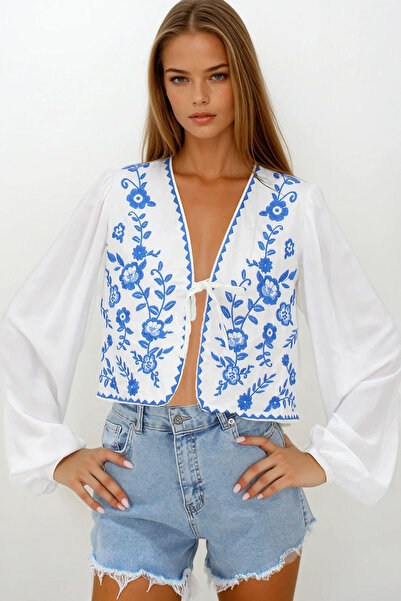 VAGGON Women's Blue Embroidered Tie-Up Ceten Crop Jacket Vs00235