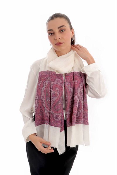 Bursa İpek Plum Border Patterned Wool Shawl