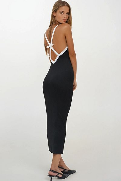 VAGGON Rochie neagră subțire pentru femei, fără mâneci, cu bretele, lungime midi VS00263