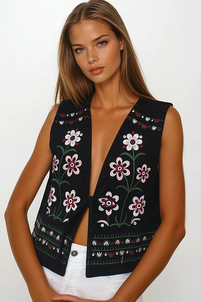 VAGGON Women's Black Embroidered Lace Detailed Design Raw Linen Vest Vs00241