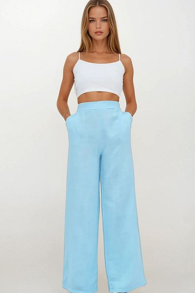 VAGGON Women's Blue Double Pocket Elastic Waist Muslin Palazzo Pants Vs00208