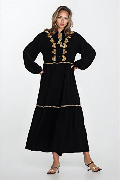 VAGGON Women's Black Half Button Closure Front Large Waist Viscose Dress Vs00345