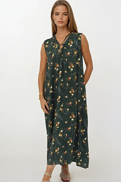 VAGGON Kadın HAKİ Aksesuar Detaylı Desenli Maxi Boy Çift Cepli Elbise Elbise VS00267