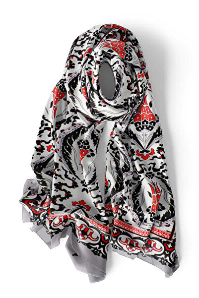 Bursa İpek Gray Red Large Tulip Voile Silk Scarf