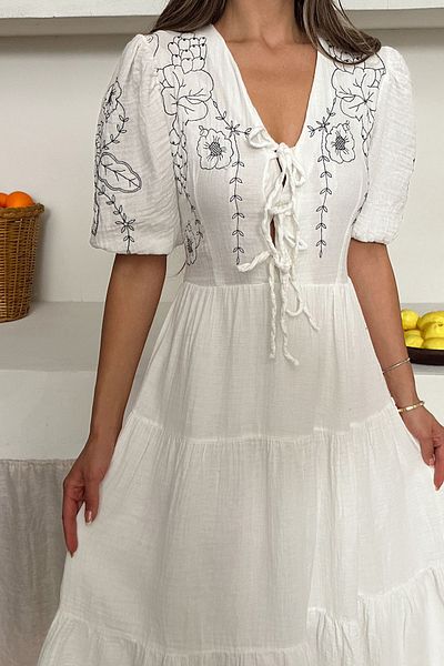 VAGGON Rochie de damă ALBĂ Broderie cu șireturi Detaliată Lungime Midi VS00172