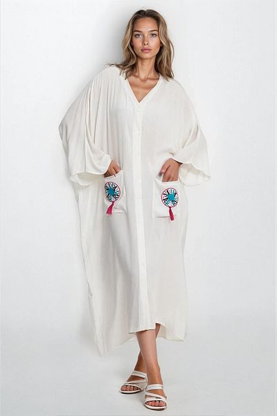 VAGGON Rochie de damă ALBĂ cu buzunare duble brodate cu nasturi marimi mari VS00327
