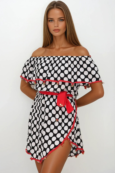 VAGGON Γυναικείο ΜΑΥΡΟ-ΛΕΥΚΟ Καλοκαιρινό φόρεμα με κολάρο Madonna με κεντημένο ασύμμετρο κόψιμο μίντι μήκους PRMX13644