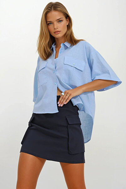 VAGGON Γυναικείο μπλε διπλό λινό πουκάμισο με μισό μανίκι Prmx9991