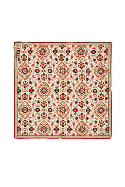 Bursa İpek Ekru Taba Çini Lale Desen İpek Mendil