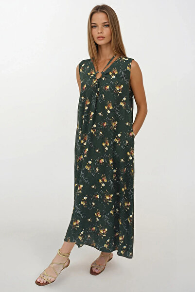 VAGGON Kadın HAKİ Aksesuar Detaylı Desenli Maxi Boy Çift Cepli Elbise Elbise VS00267