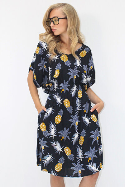 VAGGON Γυναικείο μαύρο φόρεμα με λαιμόκοψη V με διπλή τσέπη με σχέδιο μέσης με υφαντό βισκόζη Prmx14201