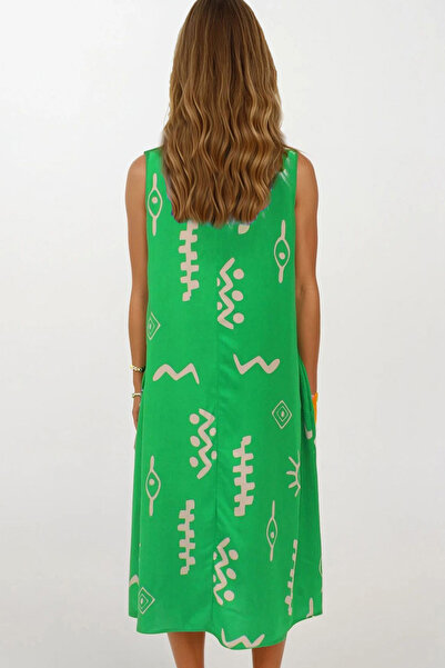 VAGGON Women's Green Patterned Double Pocket Sleeveless Relaxed Cut Dress Vs00269