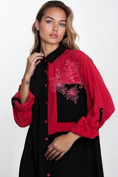 VAGGON Women's Black Shirt Collar Color Block Flower Embroidery Plus Size Shirt Dress Vs00341