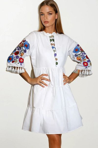 VAGGON Rochie de damă, ALBĂ, cu guler de judecător, broderie, cu ciucuri, detaliată, căptușită în interior, din poplin PRMX6915