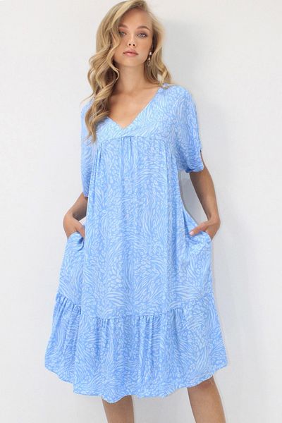 VAGGON Women's Blue V-Neck Double Sleeve Patterned Casual Cut Double Pocket Woven Viscosin Dress Prmx14196