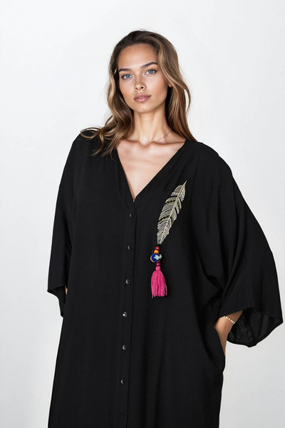VAGGON Rochie neagră pentru femei, cu buzunare duble, brodate, mărime mare VS00313
