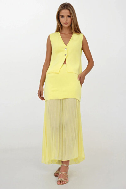 VAGGON Women's Yellow Buttoned Vest and Pleated Design Skirt Knitwear Suit Vs00260