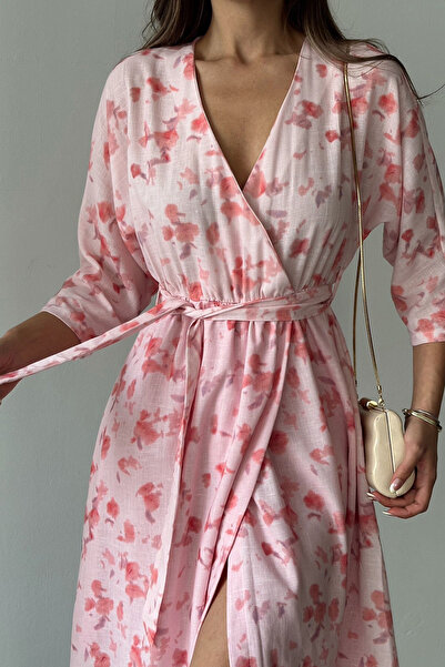 VAGGON Γυναικείο ροζ φόρεμα με διπλό λαιμόκοψη, ελαστική μέση και μήκος midi Vs00171