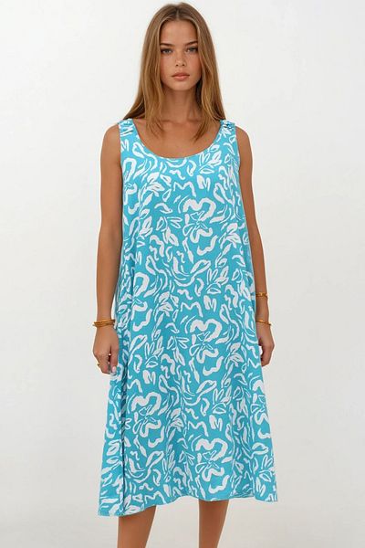 VAGGON Women's Blue Elastic Shoulders Sleeveless Relaxed Cutout Pattern Dress Vs00270