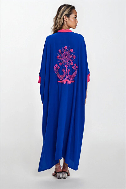 VAGGON Women's Saks Hakim Collar Half Placket Slit Embroidered Plus Size Dress Vs00333