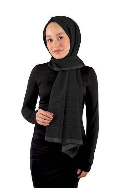 Bursa İpek Silk Cotton Black Monogram Shawl