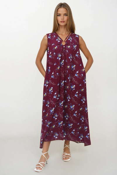 VAGGON Women's Burgundy Accessory Detailed Patterned Maxi Size Double Pocket Dress Dress Vs00267