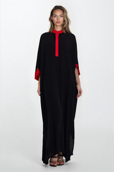 VAGGON Rochie neagră pentru femei, cu guler de judecător, cu broderie, cu despicare, broderie, mărime mare VS00333