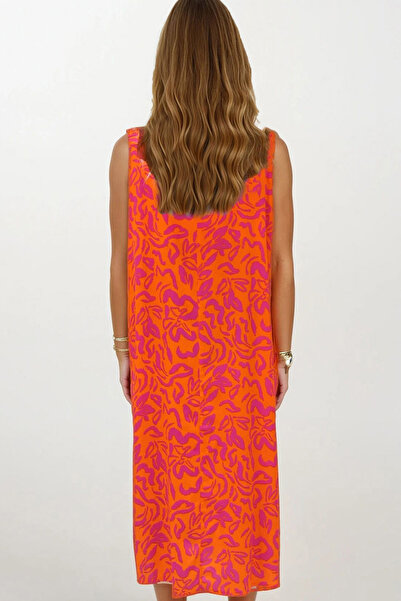 VAGGON Women's Orange Elastic Shoulders Sleeveless Relaxed Cut Patterned Dress Vs00270