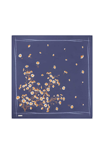Bursa İpek Μπλε Navy Twill Silk Φουλάρι - Μαργαρίτα με σχέδιο