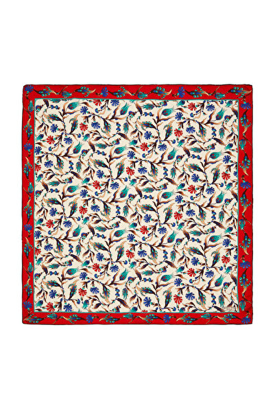 Bursa İpek Ekru Kırmızı Karanfil Lale Desen İpek Eşarp