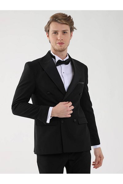 Dufy Costum smoking negru pentru bărbați, slim fit, cu rever drept - 92393