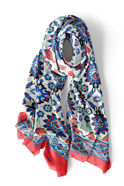 Bursa İpek Red Tile Tulip Pattern Narrow Silk Scarf
